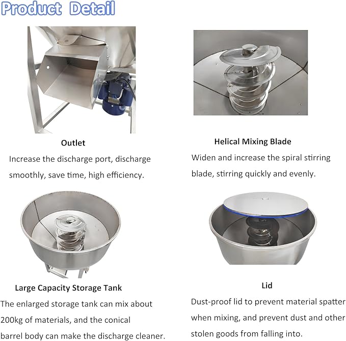 220V 4KW Powder Mixer Blender Mixing Machine Stainless Steel Plastic Mixer Mixing Capacity 440 lbs Vertical Feed Mixing Machine for Dry Grain Granule