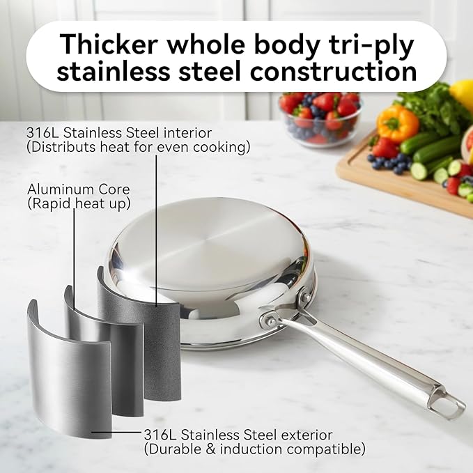 Professional Grade 316L Stainless Steel Frying Pan | 9.5 Inch Skillet with Glass Lid | Healthy PFOA/PFOA-Free & Dishwasher Safe | Induction & Gas Stove Compatible, Oven Safe to 500째F