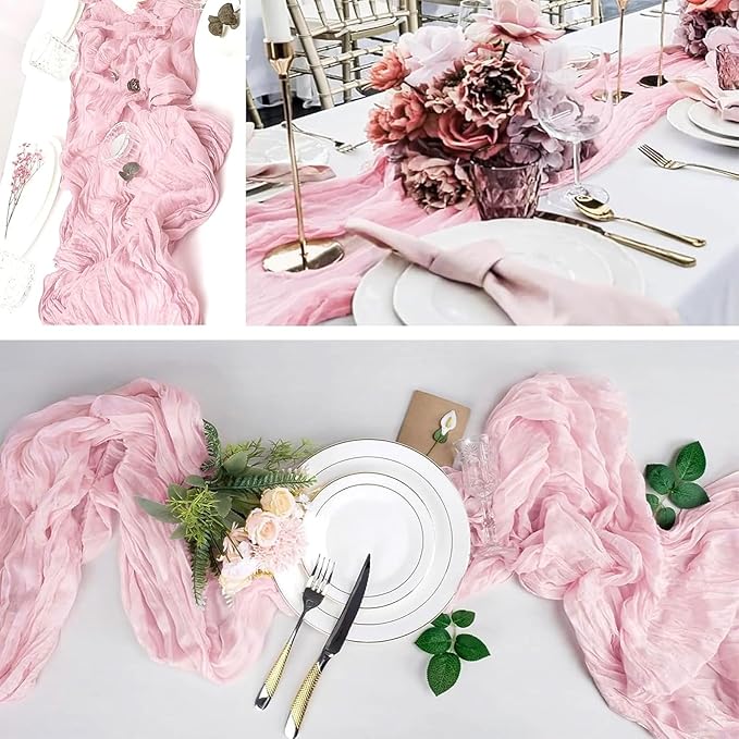 4 Pack Light Pink Cheesecloth Table Runner 20 x 120 inch Gauze Table Runners 10 FT Long,Semi Sheer Boho Cheese Cloth Fabric Table Runner Bulk for Wedding,Party,Baby Shower,Bridal Shower Decoration