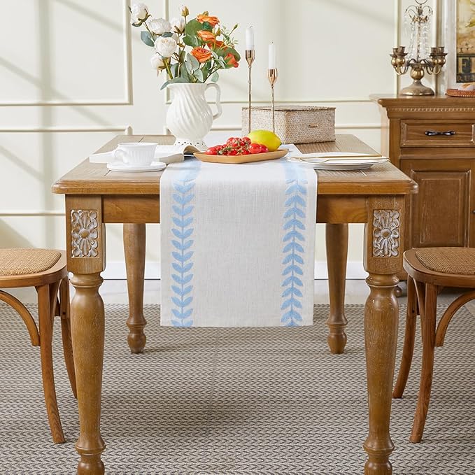 Wracra Embroidered Table Runner Irregular Willow Leaf Table Runners 108 Inches Long for Dresser Home Dining Table Decor,14 x 108 Inch, Blue