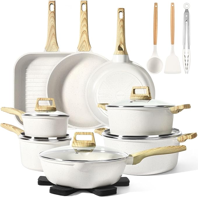 GiPP 21Psc Pots and Pans Set Non Stick White Granite Kitchen Cookware Sets Nonstick Induction Cookware Non-toxic Cooking Pan Set with Silicone Utensils, PFOS and PFOA Free