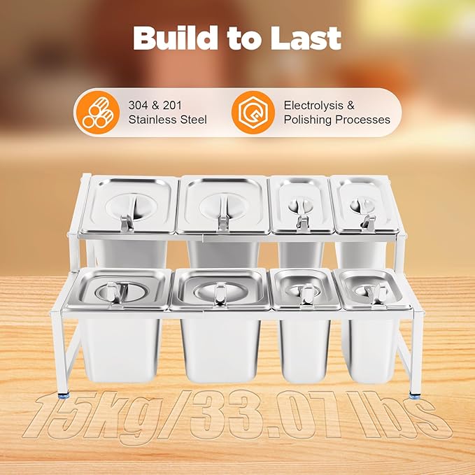 8 PCS Spice Rack Shelf, 2-Tier Stainless Steel Spice Organizer Stand with Lids and Spoons, Expandable Spice Rack for Buffets, Homes and Commercial Kitchens (4 X 1/9 Pans + 4 X 1/6 Pans)