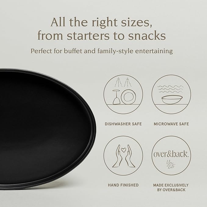 Over&Back Stackable Stoneware Serving Platter - Elegant 1-Piece Oval Serving Platter to Complete Your Kitchen Set - Perfect for Appetizers, Desserts, and More - 16" L x 11" W - Semi-Matte Black