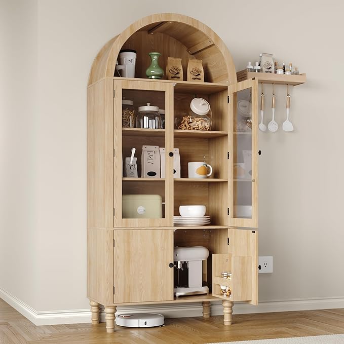 71" Tall Arched Pantry Cabinet, Modern Kitchen Storage Cabinet with Doors, 3 Adjustable Shelves, Door Shelves, Organizer, Versatile Cupboard for Kitchen, Bathroom, Natural