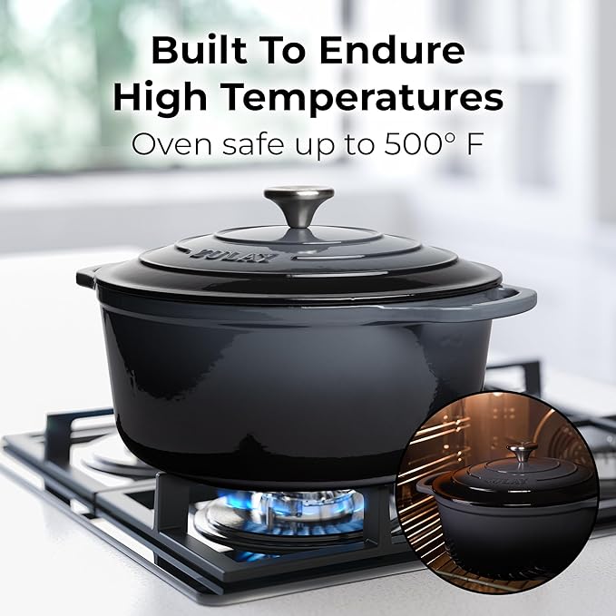 Zulay Kitchen 5 Quart Enameled Cast Iron Dutch Oven Pot with Lid ??Premium Durability & Oven Safe up to 500째F ??Heavy Duty Cookware Perfect for Bread Baking, Stews, Braising & Roasting ??Gray