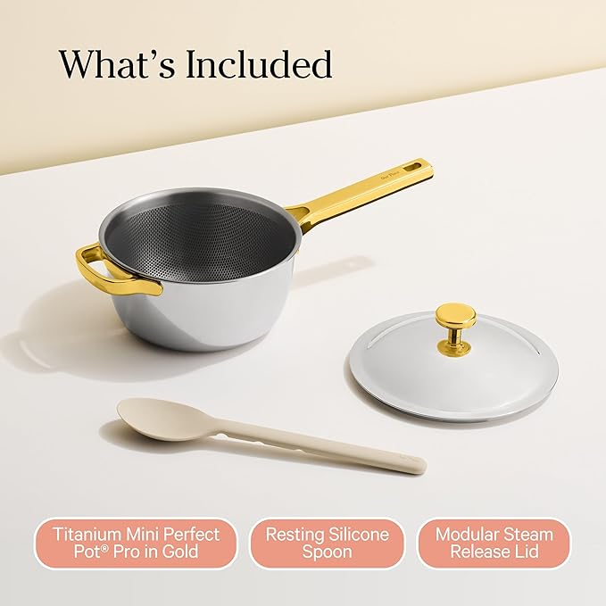Our Place Mini Titanium Perfect Pot Pro | 2.75 Qt Cooking Pot with Lid & Silicone Spoon | PFAS-Free Nonstick, Fully-Clad Tri-Ply Stainless Steel & Aluminum | Induction & Oven-Safe up to 750째F | Gold