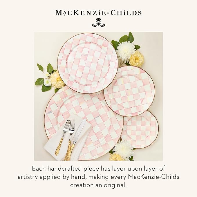 MACKENZIE-CHILDS Enamel Dinner Plate, Decorative Dinnerware Plate, 10 Inches, Set of 4, Pink-and-White Rosy Check