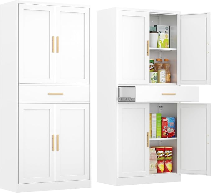 Kitchen Pantry Cabinet,71??Metal Tall Pantry Storage Cabinet with Doors 2 Adjustable Shelves and a Drawer,Kitchen Storage Cabinets White Freestanding Food Cabinet for Pantries, Kitchen, Dining Room