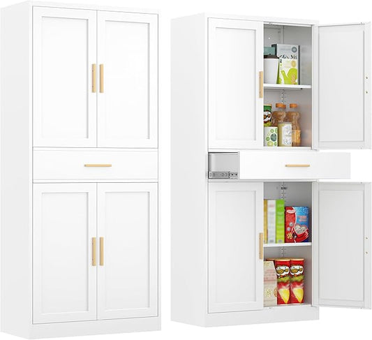 Kitchen Pantry Cabinet,71??Metal Tall Pantry Storage Cabinet with Doors 2 Adjustable Shelves and a Drawer,Kitchen Storage Cabinets White Freestanding Food Cabinet for Pantries, Kitchen, Dining Room