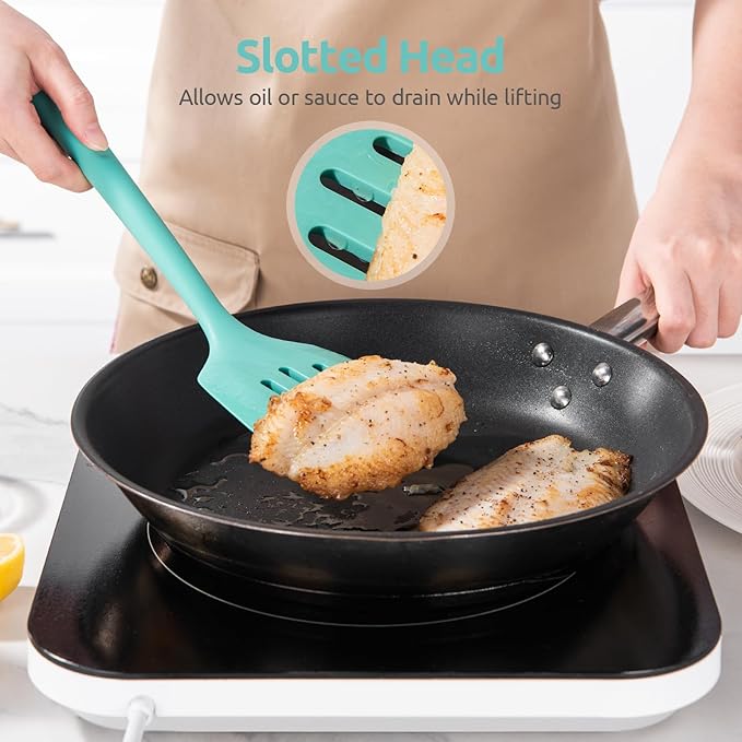 13.6" Slotted Silicone Turner: U-Taste 600쨘F Heat Resistant Kitchen Spatula Flipper, Food Grade Flexible Wide Seamless Rubber Cooking Utensil for Egg, Omelette, Burger in Nonstick Cookware (Aqua Sky)