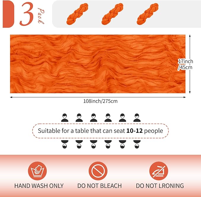 RealBox 3 Pack Orange Cheesecloth Table Runner 17x108 Inch Semi Sheer Boho Gauze Cheese Cloth Fabric Table Runners Table Decor for Wedding Party Baby Shower Birthday Home Decor Garden Farmhouse