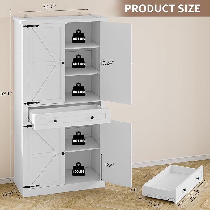 Pantry Organizers and Storage Cabinet, 70??Barn Door White Kitchen Cabinet with Drawers and Adjustable Shelf, Tall Pantry for Kitchen, Dining Room, Living Room Bedroom