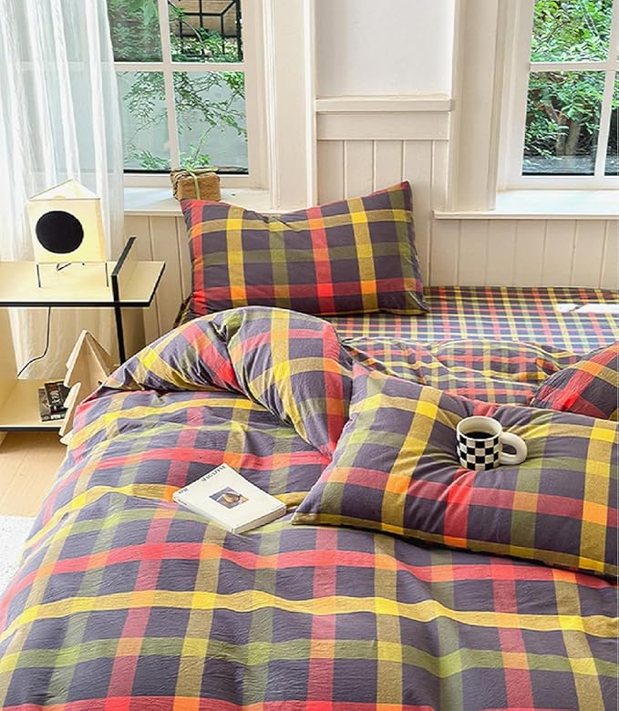 LifeTB Full Comforter Set Geometric Checkered Pattern Comforter Multicolor Grid Plaid Gingham Bedding Comforter Set Fluffy Soft Lightweight Bedding 3 Pieces Grid Bed Comforter with 2 Pillowcases