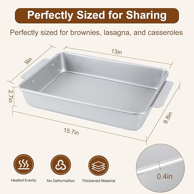 Logario 9x13 Baking Pan, Commercial Grade Heavy-Gauge Aluminized Steel (2.3 lbs), Warp-Resistant Textured Nonstick Cake Sheet for Brownies & Lasagna, Wire-Reinforced Rim, Silver