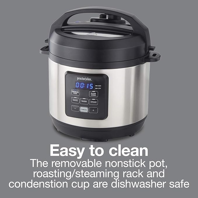 Proctor Silex Proctor-Silex Simplicity 4-in-1 Electric Pressure Cooker, 3 Quart Multi-Function With Slow Cook, Steam, Saut챕, Rice, Stainless Steel (34503)