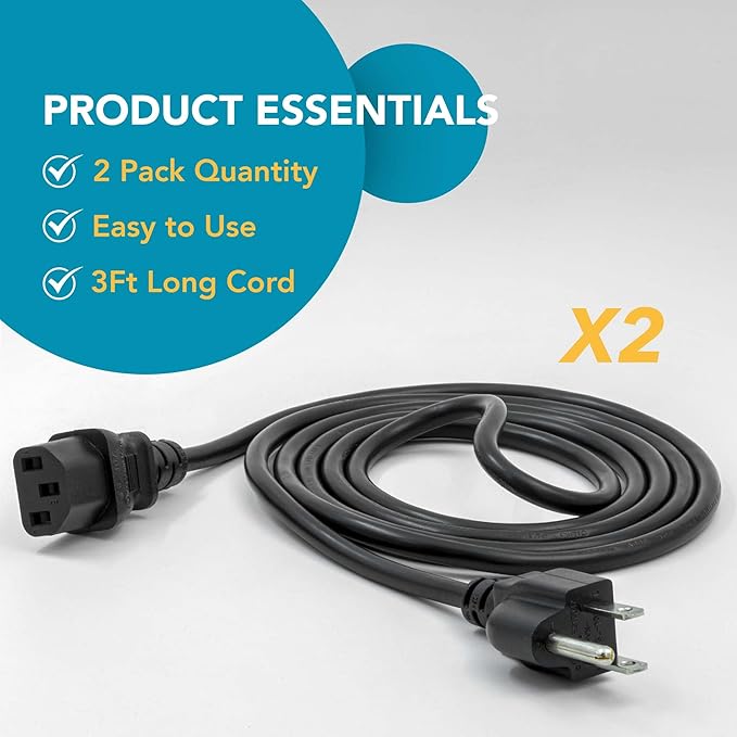 Rebuild Skills 3ft (1m) - 2 Pack, Hot Instant Pot Power Cord, Soy Milk Maker, Printer Power Cord, PC Power Supply Cable, Monitor Power Cable, TV Cord - UL Listed NEMA 5-15P to C13, 10A 125V, 18AWG