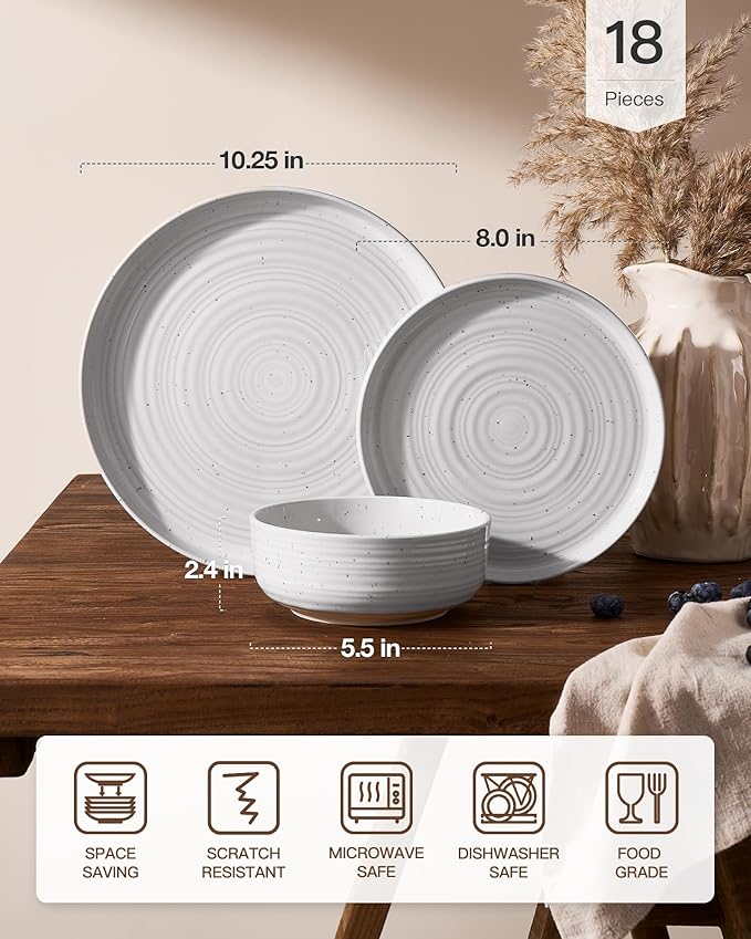 Plates and Bowls Sets for 6, Famiware Premium 18-Piece Stoneware Dinnerware Set - Reactive Glaze with Speckles & Spirals, Chip & Scratch Resistant, Dishwasher Safe, Dish Set with Gift Box, White