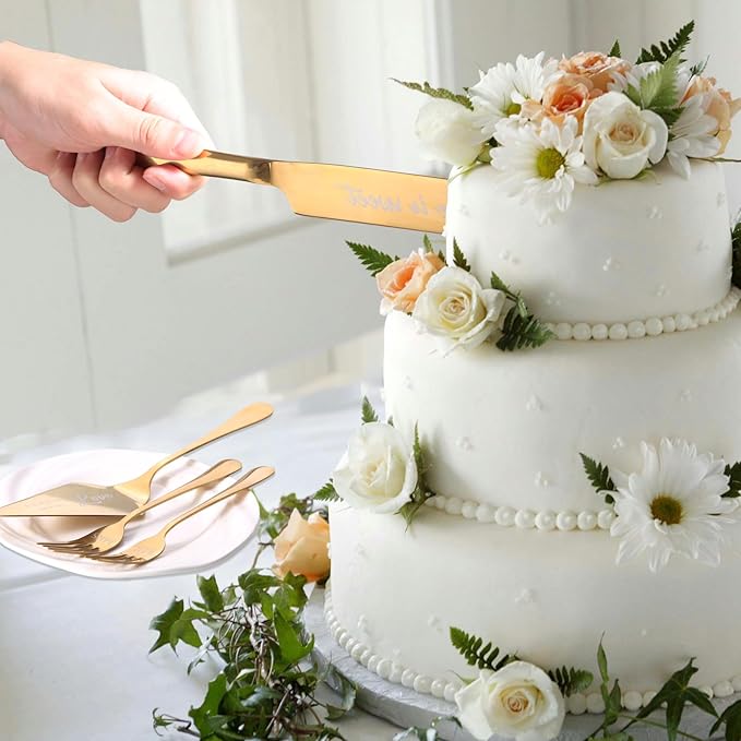 Wedding Cake Knife and Server Set with Forks for Bride and Groom, 4 Pieces Mr and Mrs Wedding Cake Cutting Set For Bridal Shower Gifts Couple Engagement Birthday Anniversary, Gold