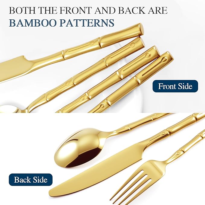 Silverware 60-Piece Stainless Steel Mirror Polishing Gold Flatware Set Bamboo Pattern Cutlery Set Service for 12
