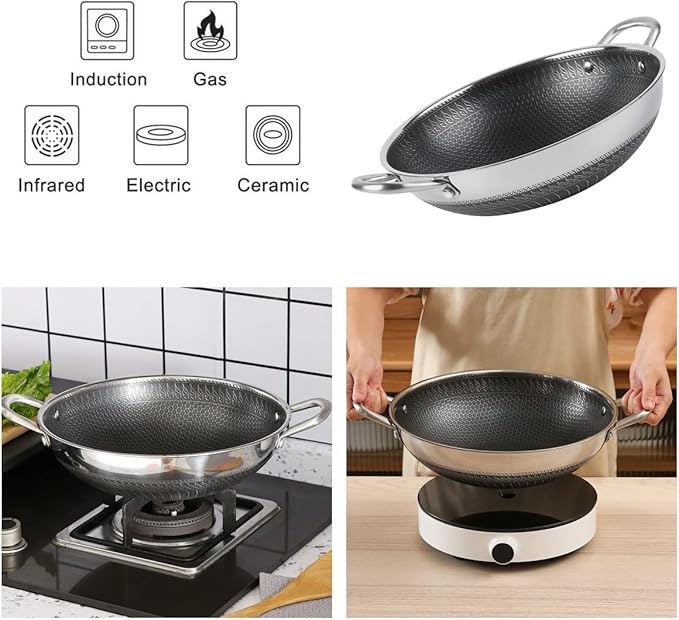 12.5Inch Stirfry Pan with Coating Stainless Steel Wok Pan with Nonstick Coating,Frying Pans, Stay-Cool Handle,Works with Gas, Electric, Ceramic Furnace Stove,Suitable for Home , Outdoor Camping