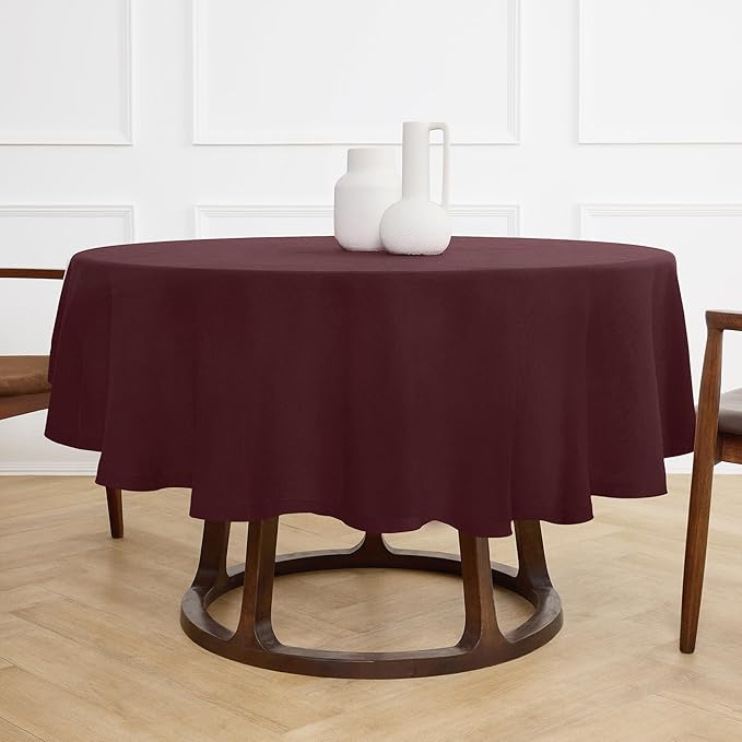 Solino Home Linen Round Tablecloth 70 Inch - 100% Pure Linen Burgundy Round Tablecloth - Machine Washable Table Cloth for Christmas, New Year - Sonoma