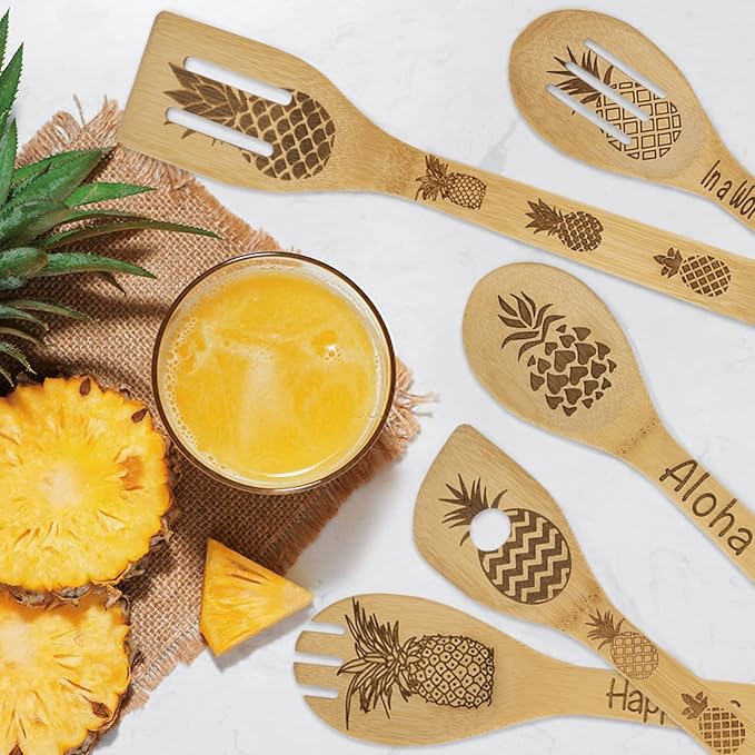 5Pcs Pineapple Wooden Cooking Spoons,Pineapple Gifts,Pineapple Kitche Decor, Pineapple Carve Burned Bamboo Spoons,Pineapple Gifts for Women Housewarming wedding Birthday Mom Cooking Gifts