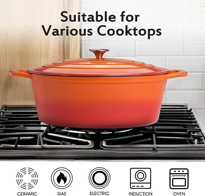 Enameled Oval Dutch Oven Pot with Lid, 8 QT Cast Iron Dutch Oven with Dual Handles for Cooking, Bread Baking, Frying, Non-stick Enamel Coated Oven (8 QT Orange)