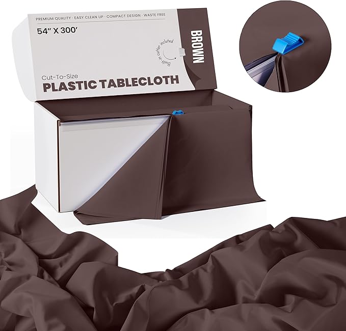 Party Solids 54 Inch X 300 Feet Brown Plastic Table Cover Roll in A Cut - to - Size Box with Convenient Slide Cutter. Cuts Up to 36 Rectangle 8 Feet Plastic Disposable Tablecloths