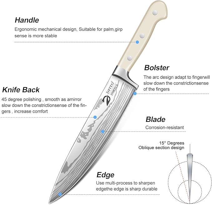 Dfito Chef Knife Set with Roll Bag, 9 Piece Professional Stainless Steel Japanese Kitchen Knife Set with Ergonomic Handle for Professional Chef, Dishwasher Safe, Camping, Travel, BBQ, RV or Gift Beige