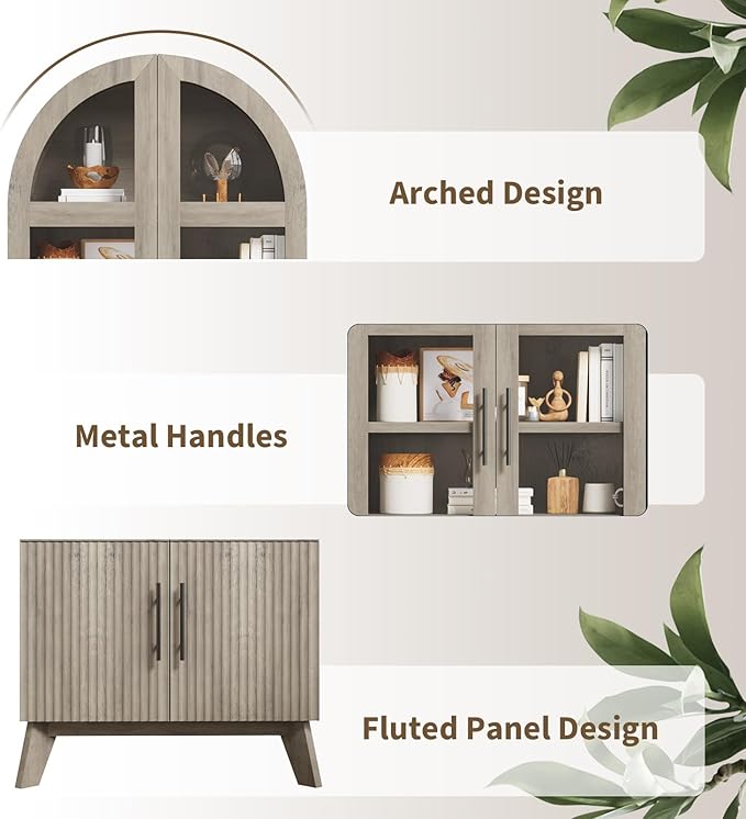 QUW 71" Tall Arched Kitchen Pantry Cabinet, Modern Fluted Display Cabinet with Glass Door & Adjustable Shelves, Storage Cabinet for Kitchen, Living Room, Dining Room, Bathroom, Grey