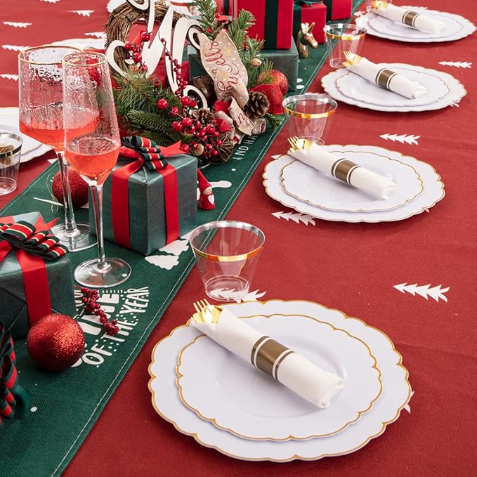 Morejoy 175PCS Gold Plastic Plates竊똚hite Gold Disposable Plates with Pre Rolled Napkins:25 Dinner Plates,25 Dessert Plates,25 Spoons,25 Forks,25Knives,25Cups,25Napkins for Party & Christmas