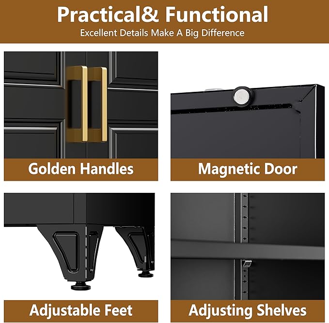 Kitchen Pantry Cabinet, 75" H Metal Storage Cabinet with Doors and Shelves, 4 Standing Feet, Cupboard for Kitchen, Dining, Living Room, 16" D x 32" W x 75" H, Black, Assembly Required