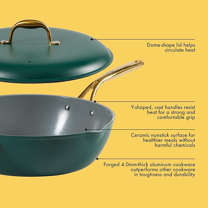 Frok 13" Frying Pan Wok Skillet 4MM Thick Quick Heat Aluminum Cookware w/Aluminum Lid Premium PFA Free Ceramic Nonstick Interior & Heat Resistant Exterior - Induction - Green & Gold
