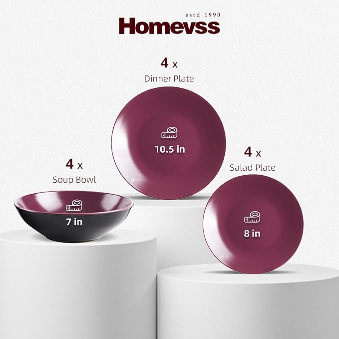 Stoneware Two-Tone Colors Life 12pc Dinner Set竊?Outside Shiny Black + Inside Matte glaze Plum
