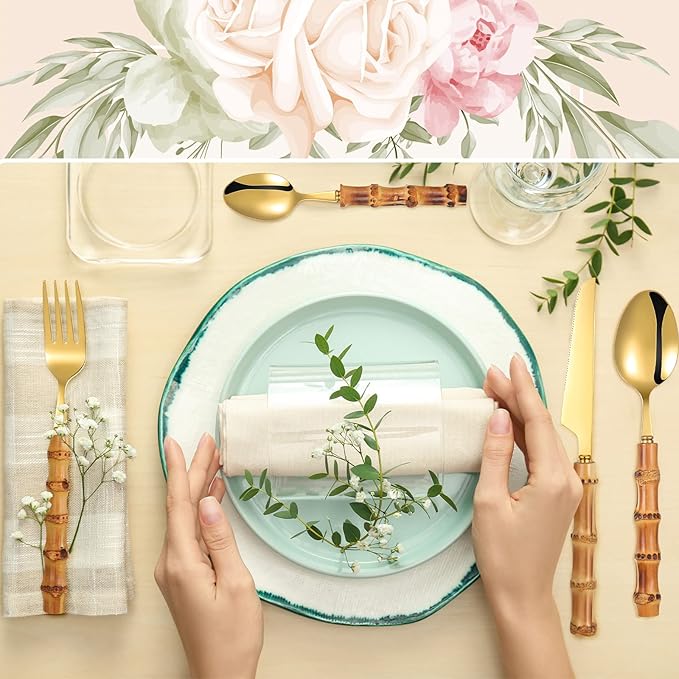 Eboot Bamboo Silverware Set 18/8 Stainless Steel Tableware Set Natural Utensil Flatware Kit Spoon Fork Knives Bamboo Handle Cutlery for Kitchen Wedding Home Restaurant Party(Gold,30 Pieces)