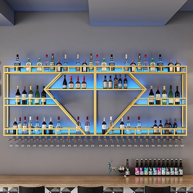 Metal Wine Rack Wall Mounted, Modern Wine Storage Rack Wall Mounted with Wine Glass Holder, Liquor Shelf, Bar Shelves for Liquor Bottles (3 Tiers Gold, 94.48 * 7.87 * 33.85INCH)