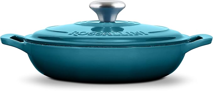 Signature Enameled Cast Iron Braiser, Non-Stick Serving Pot with Tight Fitting Lid for Perfect Roasting, Baking, Sauteing, Searing, and Pan Frying | 3.5Q (3.3L) - Ocean Blue