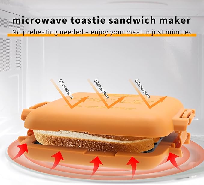 Microwave Sandwich Maker, Heat-Resistant Silicone Rubber Shell, Advanced HeatWave Technology, Non-Stick Plates, Easy to Clean, Makes Toast, Sandwiches, Paninis, Patties (Orange)