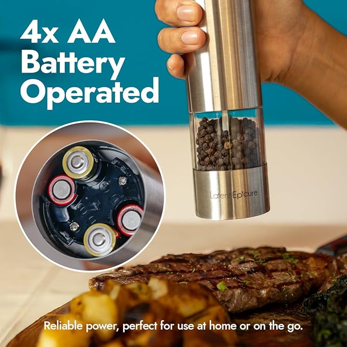 Electric Salt & Pepper Grinder Set ??Battery Operated Stainless-Steel Mills & Shakers with Light, Adjustable Ceramic Grinders & Acrylic Rest Tray