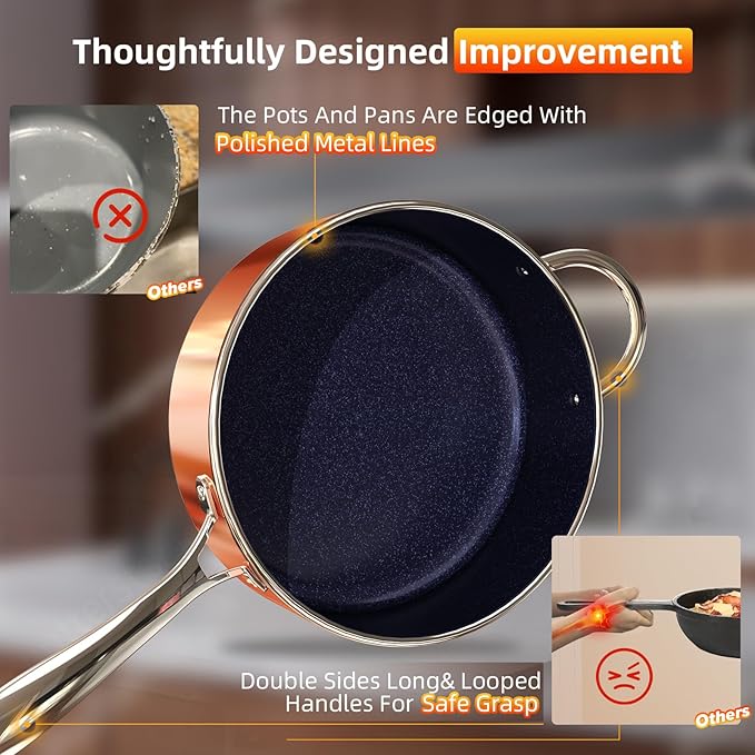 Deluxe DUXANO 14PC Healthy Pots and Pan With 9H Anti-scratch Coating, 2-Layer Non-Stick Ceramic&PFAS Free (Copper)