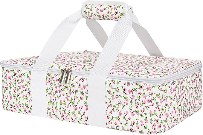 Insulated Casserole Carrier for Hot or Cold Food, Lasagna Lugger Tote Warmer or Cooler Bag, Casserole Dish Carrier for Potluck Parties, Picnic and Cookout, Fits 9"x13" Baking Dish(Pink Floral)