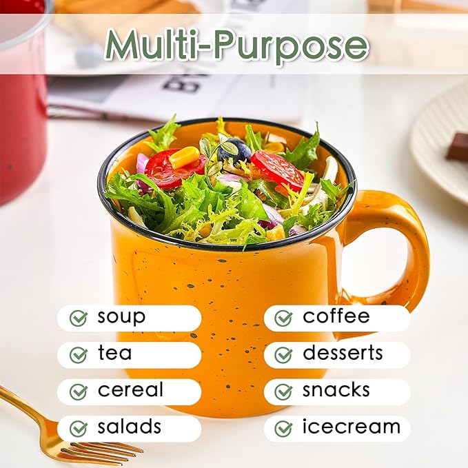 bestone Coffee Mugs Set of 4竊?6 oz Large Coffee Mugs, Ceramic Mugs with Handles,Salad,Noodles etc Coffee Mugs, Cups for Coffee Cereal Latte 竊똌icrowave & Dishwasher safe竊똜ellow