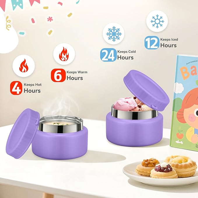 Aimsnk Bento Lunch Box for Kids with 9oz Soup Thermo Leak-Proof Lunch Food Container with 5 Compartment Thermo Hot Food Jar and Insulated Lunch Bag for Kid Toddler Girls Boys to School(Purple)
