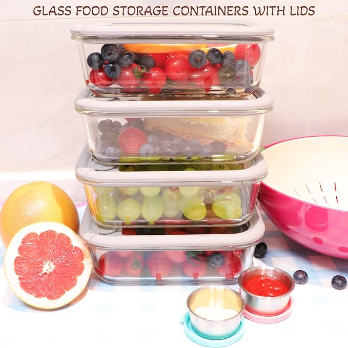 Glass Food Storage Containers with Silicone Glass Lids, 304 Stainless Steel Salad Dressing Containers, Microwave-safe LeakProof Food Containers Set, 100% Plastic Free-4-pack（Grey）