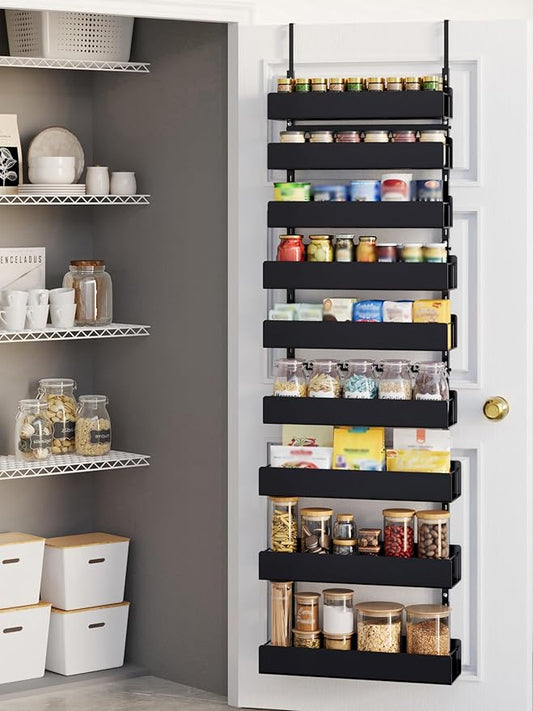 Over The Door Pantry Organizer - 9-Tier Hanging Spice Rack with Metal Shelving for Kitchen Pantry Organization and Storage, Black