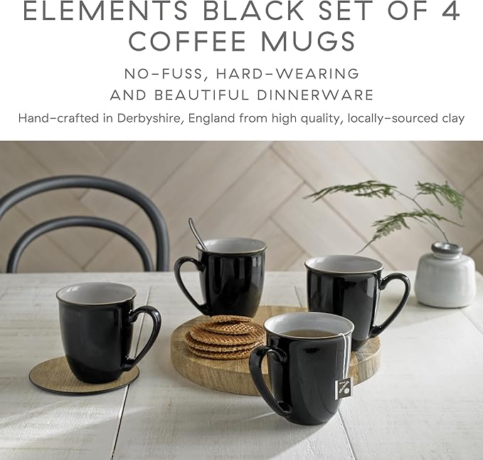 Denby - Elements Black Large Coffee Mug Set of 4-11.15oz Stoneware Tea Cup Mug Set For Office & Home - Dishwasher Safe, Microwave Safe - Ceramic Tea Cups With Black White Glaze, Chip Resistant