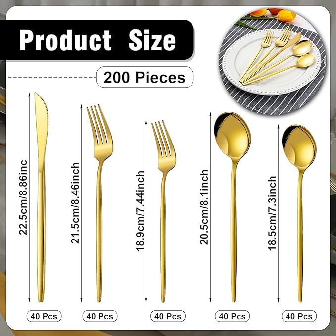 Meanplan 200 Pcs Gold Silverware Set Stainless Steel Flatware Set Cutlery with Knives Spoons and Forks Portable Reusable Gold Utensils Kit for Home Restaurant Apartment and Kitchen, Service for 40