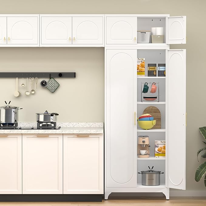 90??Tall Kitchen Pantry Cabinet,Metal Storage Cabinet with Doors and Adjustable Shelves,Modern Kitchen Hutch Cabinets,Freestanding Cupboard for Dining Living Room