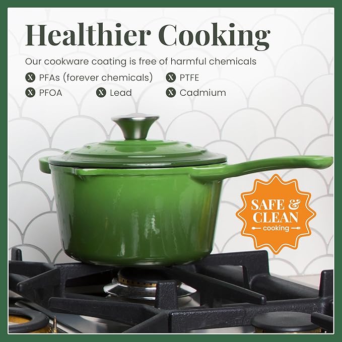 Larder & Vine Enameled Cast Iron Saucepan | 2.2 qt Sauce Pan with Lid | Saucepan with Pour Spouts | Enameled Cast Iron Pot Compatible on All Cooktops & Oven Safe to 500째 F | Okra