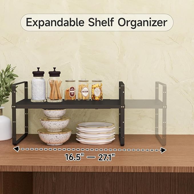 2Pack 16.5-27?쇺셂 Expandable Stackable Cabinet Shelves, Adjustable Spice Rack Cabinet Shelf Organizer for Kitchen, Countertop, Pantry and Cupboard, Black